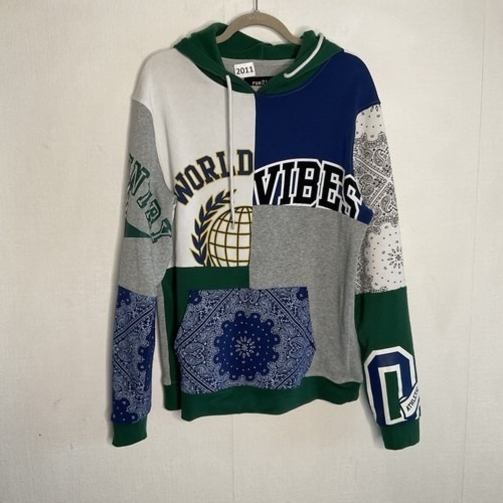 rue21 Green/Blue Paisley Patchwork World‎ Vibes Fleece Hoodies Men Medium China